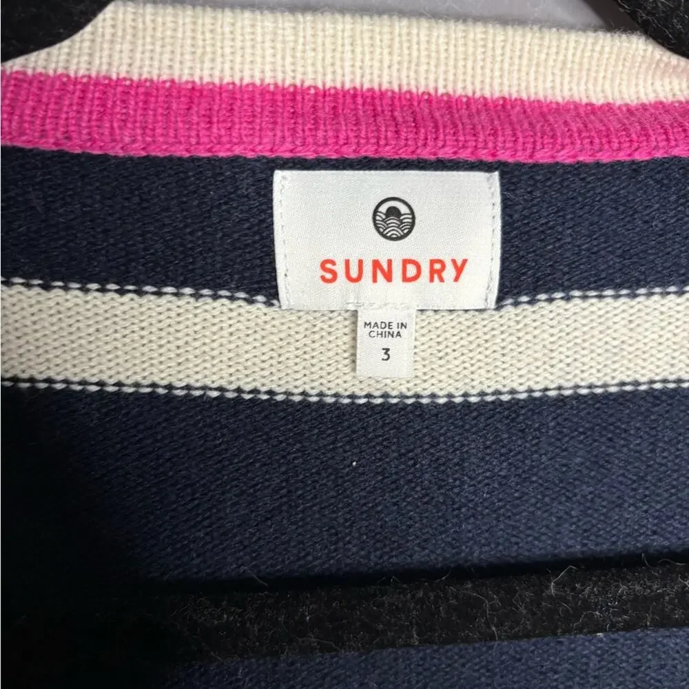 Sundry Navy White Striped Cardigan Pink Detail Large